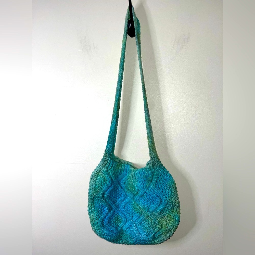 Handcrafted Ice Dye Tie Dye Blue-Green Knit Crochet Shoulder Bag Button Snap